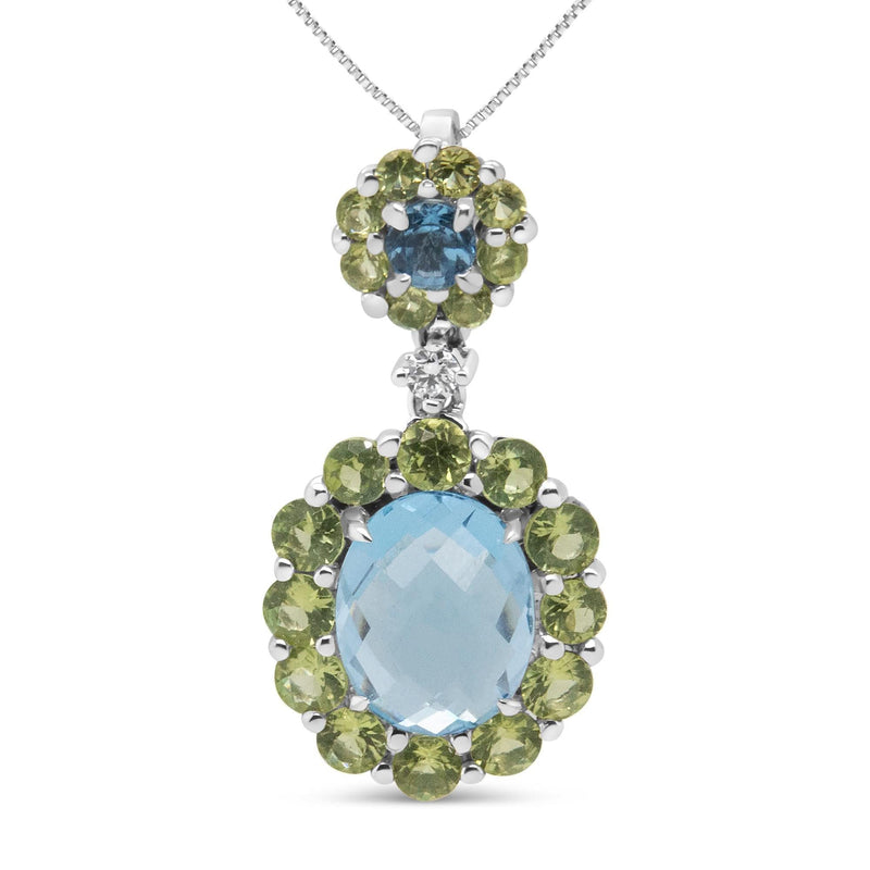 18k White Gold 0.05 Cttw Round Diamond and Blue Topaz and Green Peridot Gemstone Halo Drop 18 18K white gold necklace with round diamond, blue topaz, and green peridot halo pendant