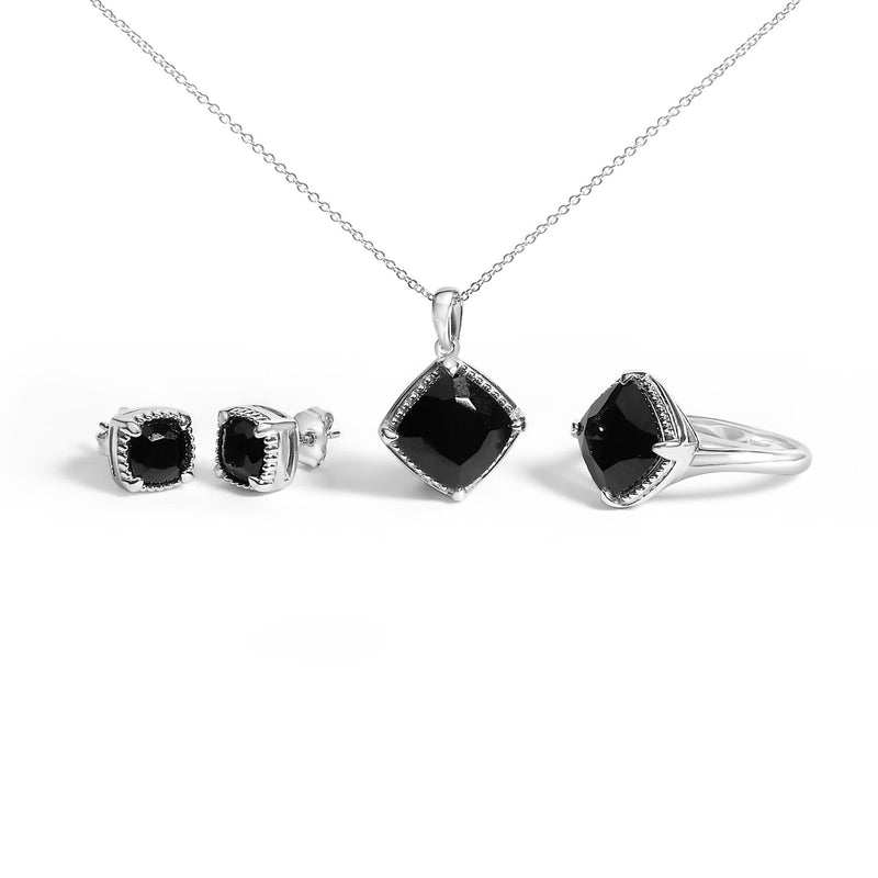 Sterling Silver Cushion Onyx 3-Piece Jewelry Set Ring Earrings Pendant 18 Inch Cable Chain Sterling Silver Cushion Onyx 3-Piece Jewelry Set Ring Earrings Pendant 18 Inch Cable Chain-0