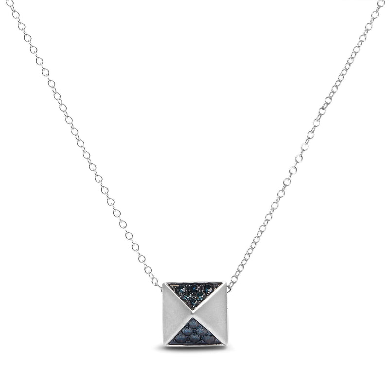 14K White Gold 1/4 Cttw Treated Blue Diamond Matte Finished Pyramid Pendant Necklace (Blue Color, SI1-SI2 Clarity) - 18 14K white gold pyramid necklace with treated blue diamond stones