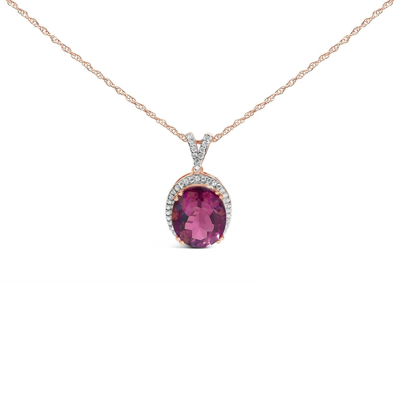 14K Rose Gold Vermeil Sterling Silver 1/5 Cttw Diamond Pink Quartz Oval Pendant Necklace 14K Rose Gold Vermeil Sterling Silver 1/5 Cttw Diamond Pink Quartz Oval Pendant Necklace-0
