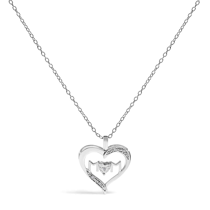 .925 Sterling Silver Diamond Accent MOM with Heart Pendant Necklace (J-K Color, I2-I3 Clarity) - 18 925 sterling silver MOM and heart necklace with heart diamond accents