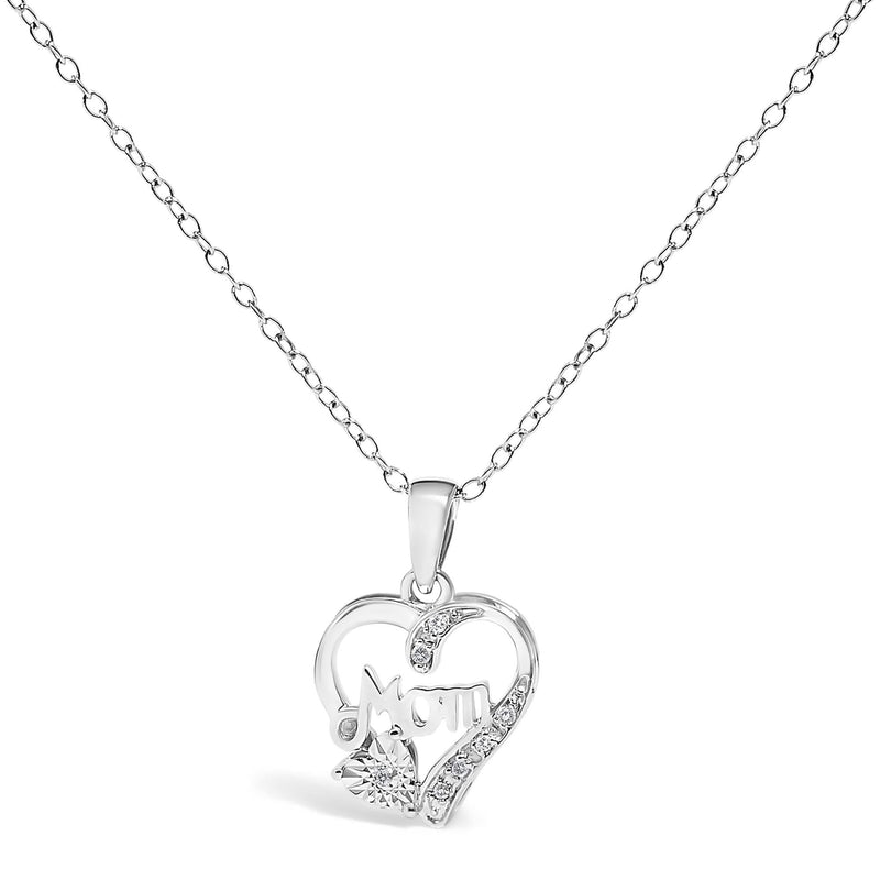.925 Sterling Silver Diamond Accent Mom with Heart Pendant Necklace (J-K Color, I2-I3 Clarity) - 18 925 sterling silver Mom necklace with heart-shape diamond accent on 18-inch chain
