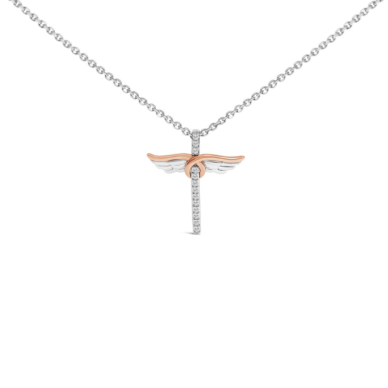 14K Rose Gold Plated Sterling Silver 1/5 Cttw Diamond Wing Cross Pendant Necklace 14K Rose Gold Plated Sterling Silver 1/5 Cttw Diamond Wing Cross Pendant Necklace-0