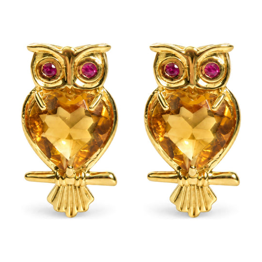 18K Yellow Gold Owl Stud Earrings with Heart-Shaped Citrine and Bezel-Set Ruby Eyes