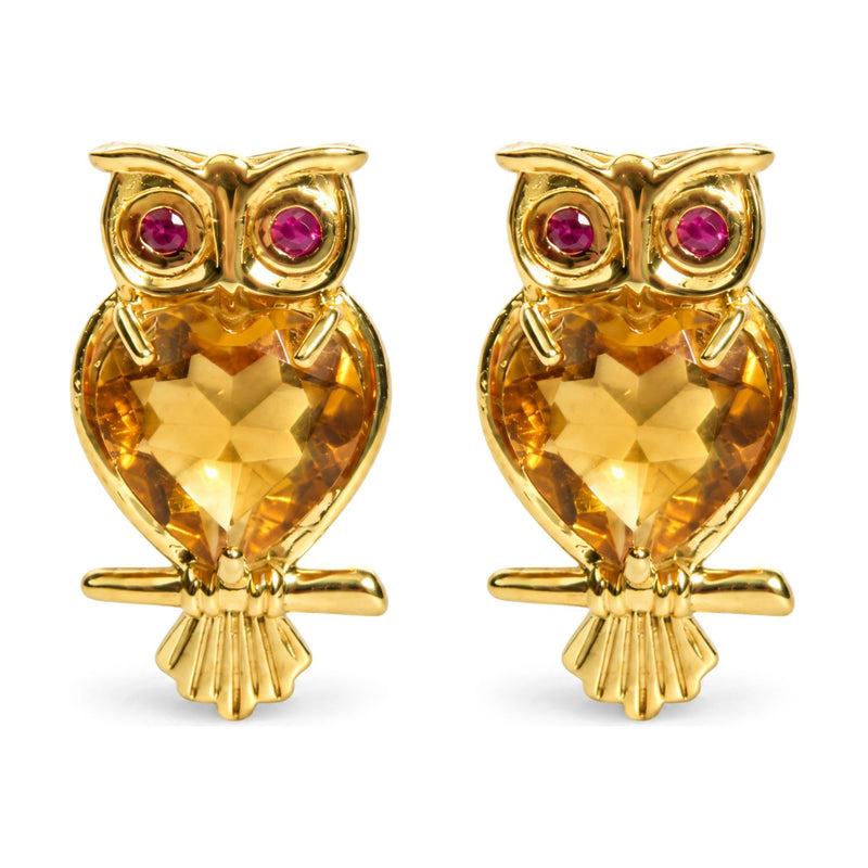 18K Yellow Gold Owl Stud Earrings with Heart-Shaped Citrine and Bezel-Set Ruby Eyes