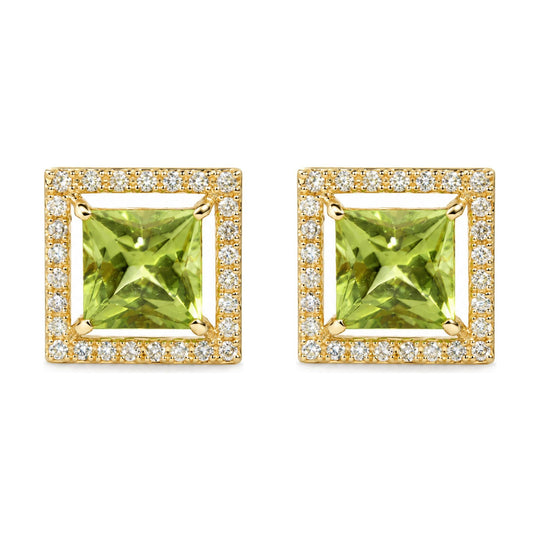 18K Yellow Gold Princess-Cut Green Peridot and 1/2 Cttw Diamond Halo Stud Earrings