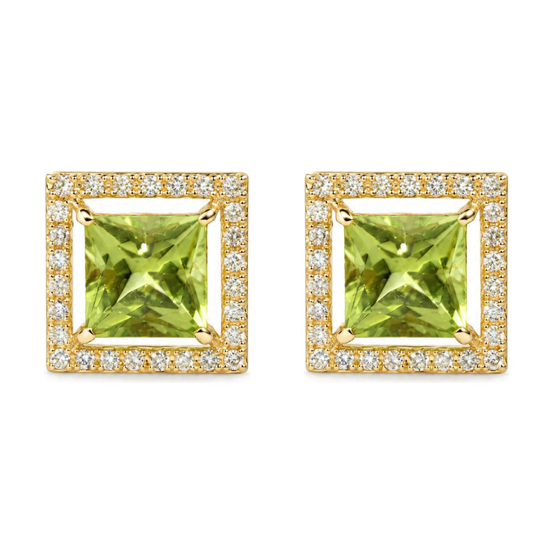 18K Yellow Gold Princess-Cut Green Peridot and 1/2 Cttw Diamond Halo Stud Earrings