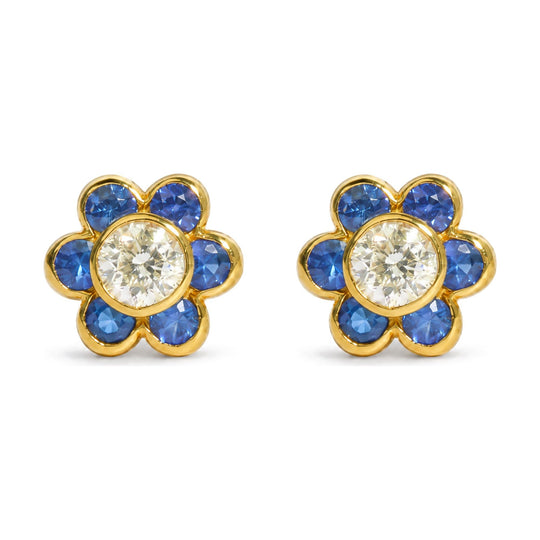 18K Yellow Gold Blue Sapphire and 1/5 Cttw Diamond Bezel-Set Flower Stud Earrings