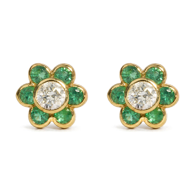 18K Yellow Gold Green Emerald and 1/5 Cttw Diamond Bezel-Set Floral Stud Earrings