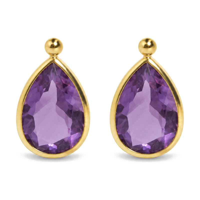 18K Yellow Gold Pear-Shaped Purple Amethyst Bezel-Set Drop Earrings with Ball Tops
