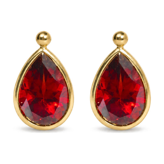 18K Yellow Gold Pear-Shaped Red Garnet Bezel-Set Drop Earrings with Ball Tops