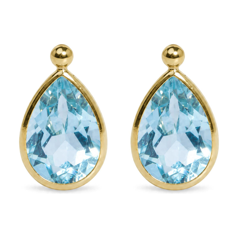 18K Yellow Gold Pear-Shaped Blue Topaz Bezel-Set Drop Earrings with Polished Bead Tops