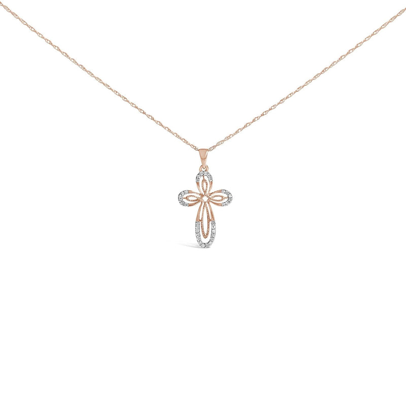 10K Rose Gold Plated Sterling Silver 1/6 Cttw Diamond Double Loop Cross Pendant Necklace 10K rose gold plated cross necklace with round diamond stones