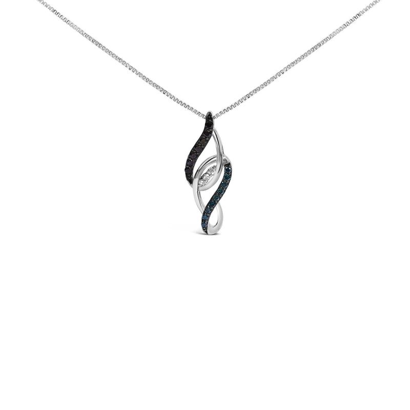 Sterling Silver 1/4 Cttw Black Blue White Diamond Linear Swirl Pendant Necklace 925 sterling silver linear swirl necklace with black blue white diamond stones