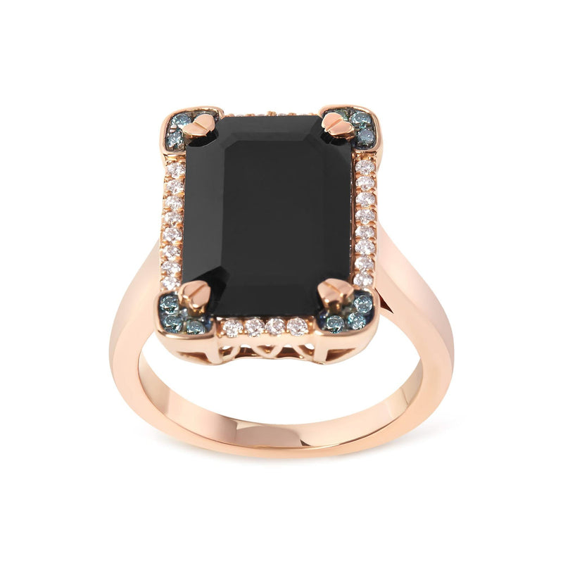 14K Rose Gold 15x10 MM Emerald-Cut Black Onyx and 1/5 Cttw Blue and White Diamond Halo Cocktail Ring (G-H Color, SI1-SI2 Clarity)- Size 7 14K rose gold ring with emerald-cut black onyx and halo diamond stones
