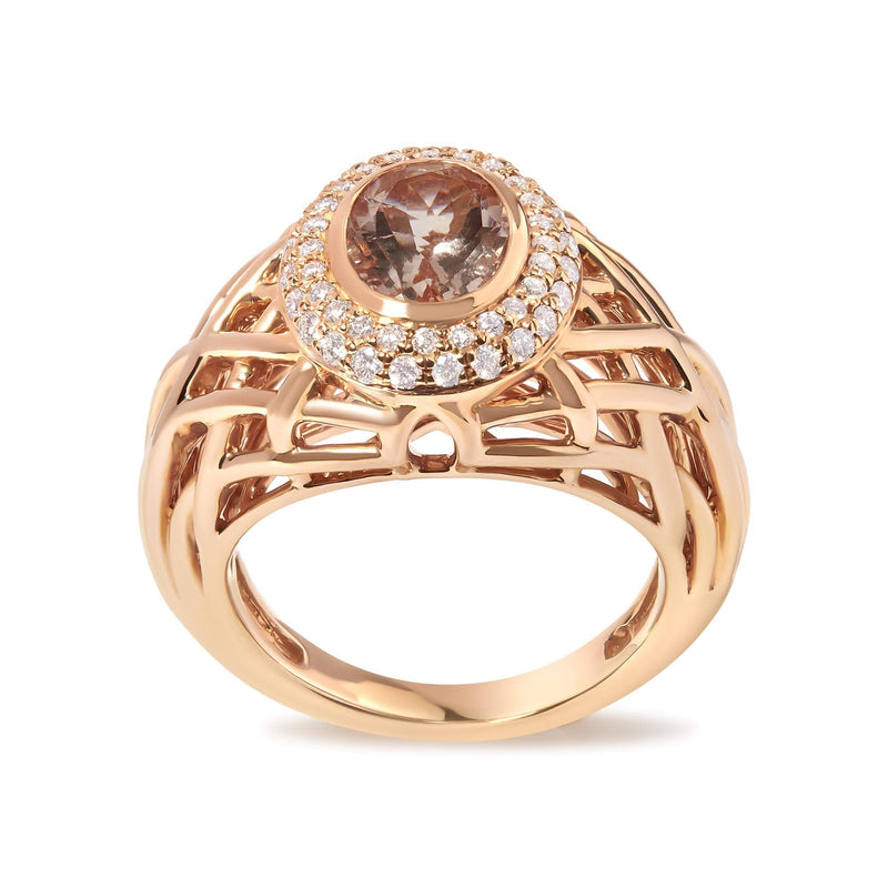 14K Rose Gold Oval Cut Light Pink Morganite and 3/8 Cttw Diamonds Halo and Basket Weave Cocktail Ring (G-H Color, SI1-SI2 Clarity) - Size 7 14K rose gold ring with oval morganite and round diamond halo stones