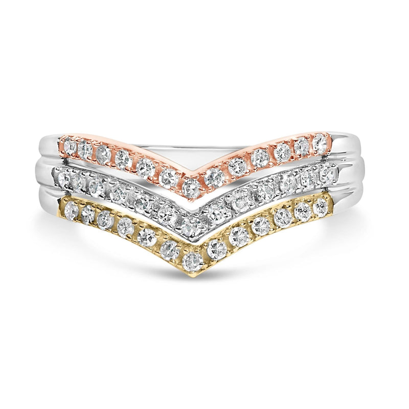 10K Gold Plated Sterling Silver 1/3 Cttw Tri-Color Chevron Diamond Stackable Ring 10K tri-color gold chevron ring with round diamond stones