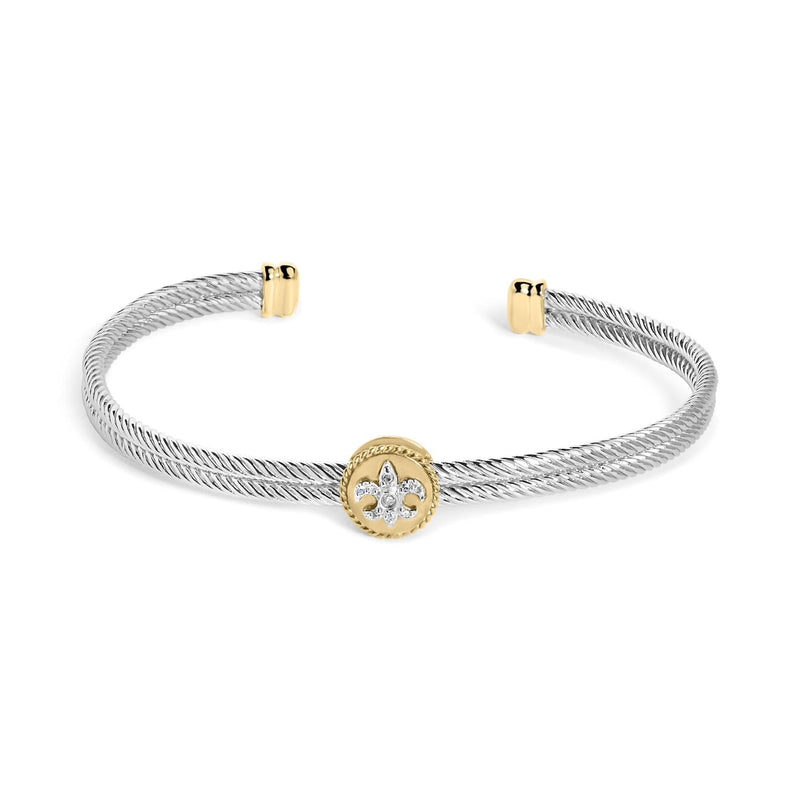 18K Yellow Gold Plated .925 Sterling Silver Diamond Accent and Fleur Di Lis Medallion Bangle Bracelet (I-J Color, SI1-SI2 Clarity) - 7.25 Inches 18K yellow gold bracelet with diamond accents and fleur-de-lis medallion