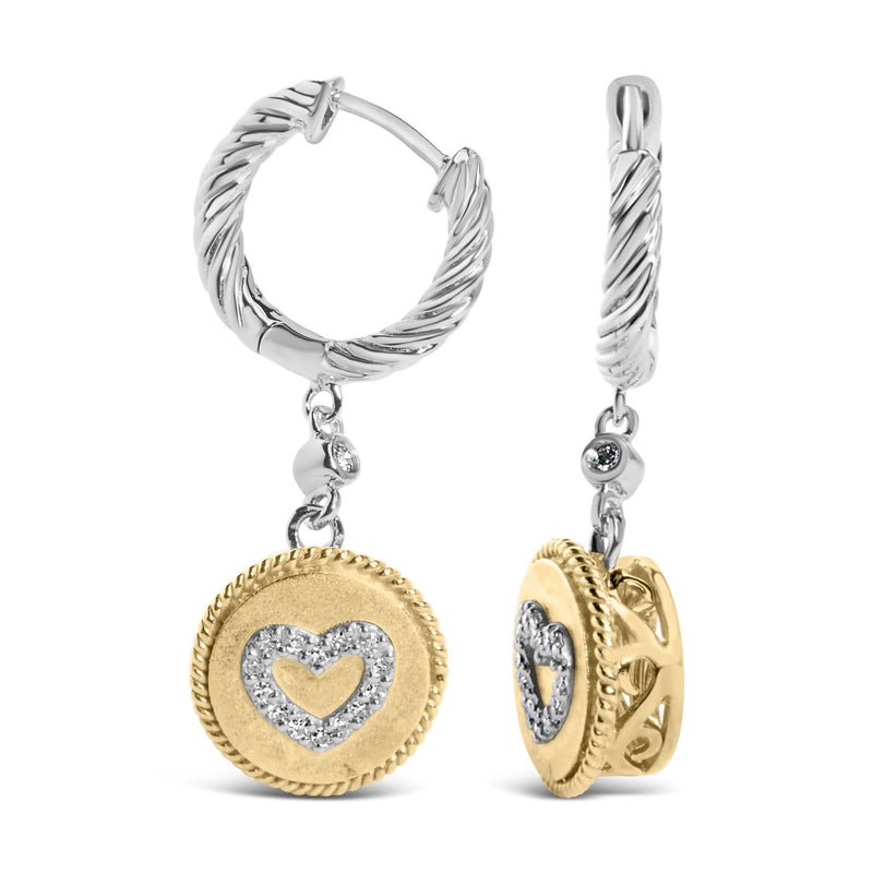 18K Yellow Gold Plated .925 Sterling Silver 1/8 Cttw Diamond Heart Medallion Drop and Dangle Earring (I-J Color, SI1-SI2 Clarity) 18K yellow gold plated silver drop earrings with heart diamond medallions