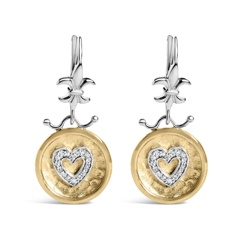 18K Yellow Gold Plated .925 Sterling Silver 1/8 Cttw Diamond Hammered Finished Medallion Heart Drop and Dangle Earrings (I-J Color, SI1-SI2 Clarity) 18K yellow gold heart drop earrings with hammered finish and diamond accents