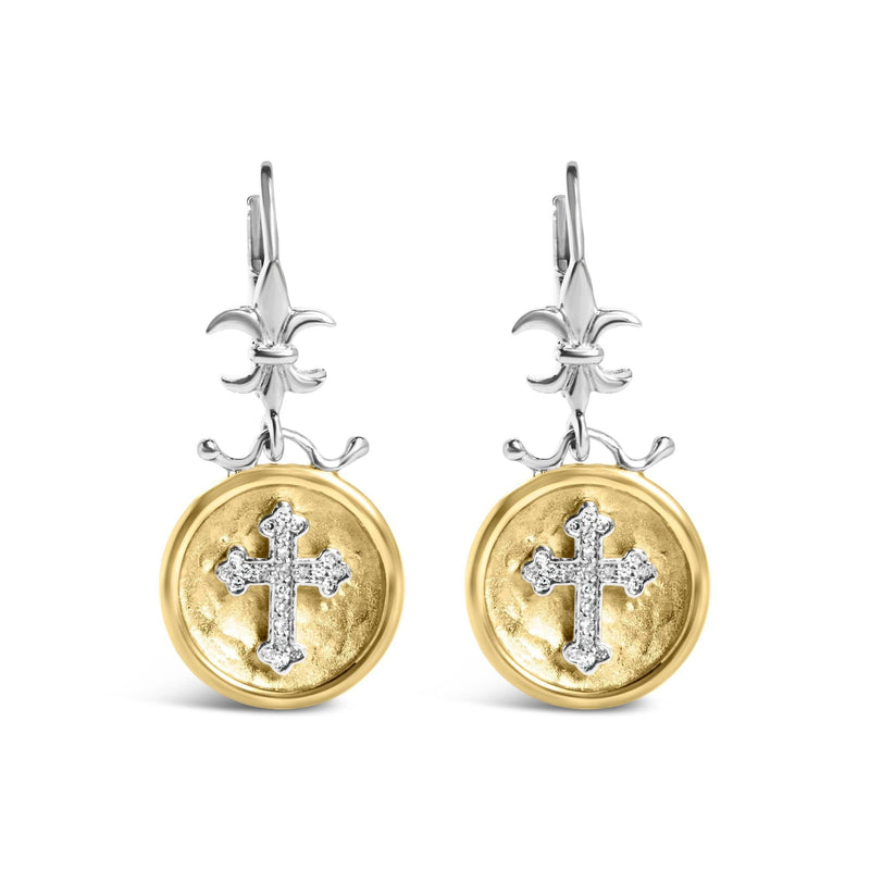 18K Yellow Gold Plated .925 Sterling Silver 1/8 Cttw Diamond Hammered Finished Medallion with Cross Drop and Dangle Earrings (I-J Color, SI1-SI2 Clarity) 18K yellow gold drop earrings with round diamond medallion and cross