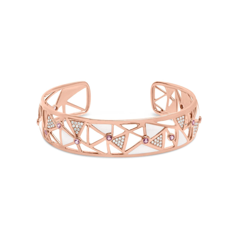 14K Rose Gold 5/8 Cttw Diamond with Pink Tourmaline Open Cuff Bangle with White Enamel (G-H Color, SI1-SI2 Clarity) - 7 14K rose gold open cuff bangle with diamonds, pink tourmaline and white enamel