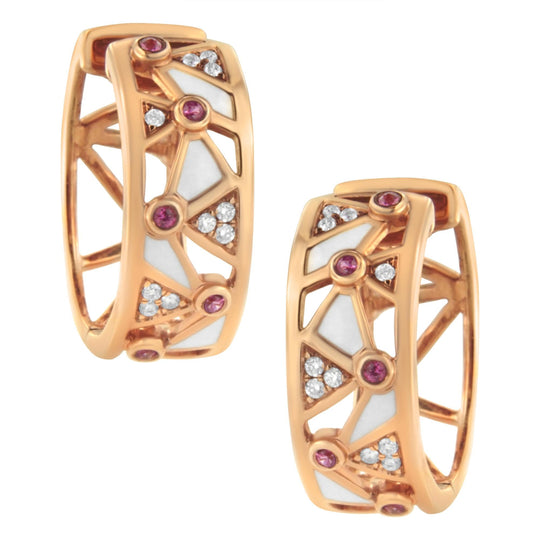 14K Rose Gold 1/6 Cttw Diamond and Pink Tourmaline White Enamel Geometric Hoop Earrings