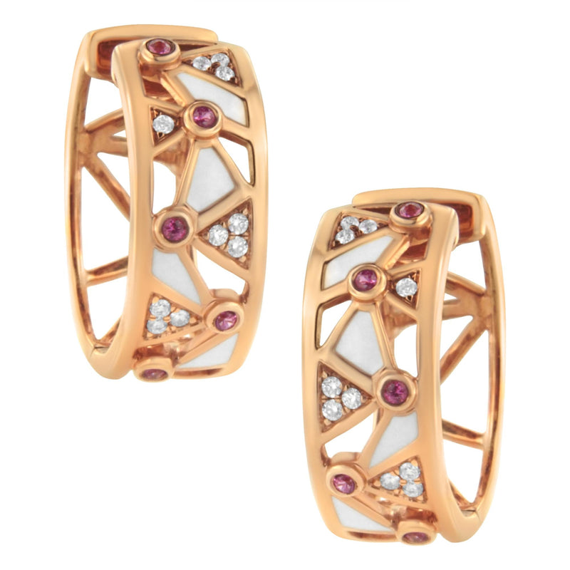 14K Rose Gold 1/6 Cttw Diamond and Pink Tourmaline White Enamel Geometric Hoop Earrings