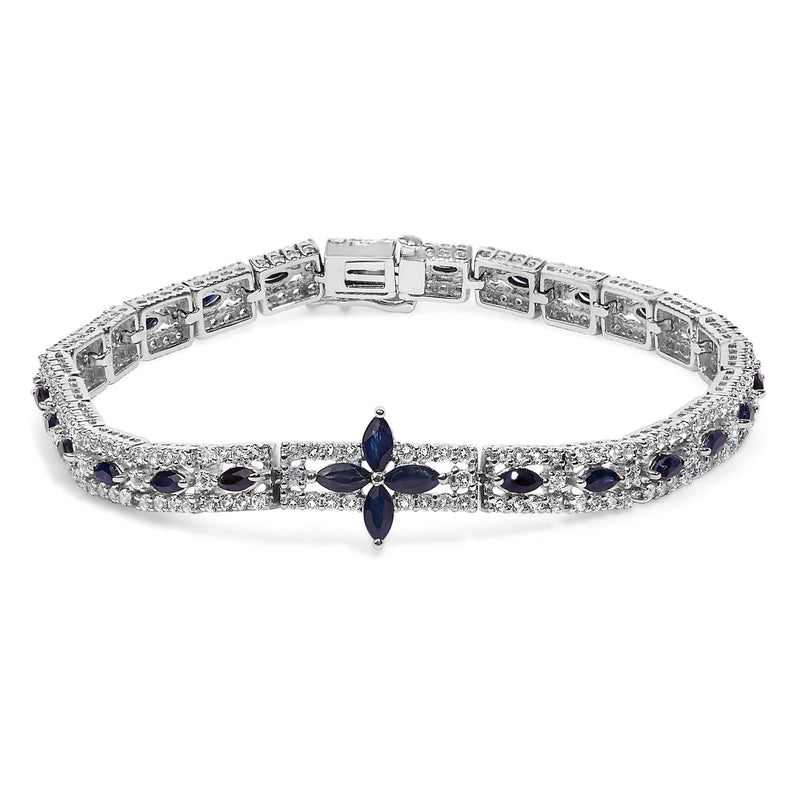 Sterling Silver Dark Blue Sapphire and Topaz Marquise Floral Art Deco Link Bracelet Sterling Silver Dark Blue Sapphire and Topaz Marquise Floral Art Deco Link Bracelet-0