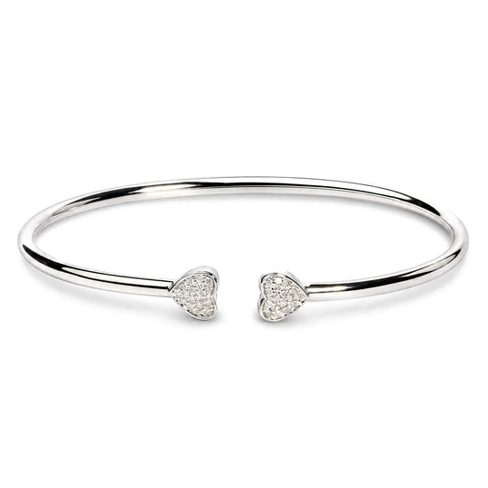 .925 Sterling Silver 1/6 Cttw Diamond Twin Heart Open Flexy Bangle Bracelet