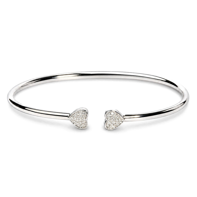 .925 Sterling Silver 1/6 Cttw Diamond Twin Heart Open Flexy Bangle Bracelet