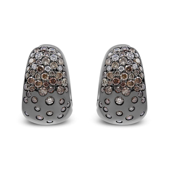 18K white gold huggy hoop earrings with white and brown diamond stones