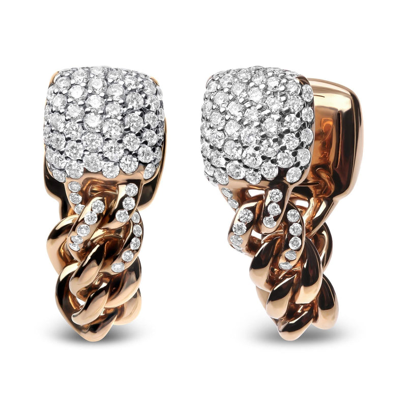 18K Rose Gold 3/4 Cttw Round Diamond Pave Cuban Chain Huggie Earrings (G-H Color, SI1-SI2 Clarity) 18K rose gold huggie earrings with round diamond pave Cuban link stones