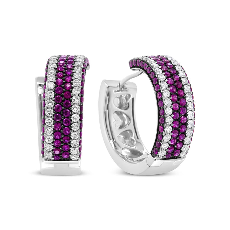 18K White Gold 1 7/8 Cttw Diamond and 1mm Round Red Ruby Open Swish Hoop Earrings (F-G Color, VS1-VS2 Clarity) 18K white gold hoop earrings with round diamonds and round red ruby stones