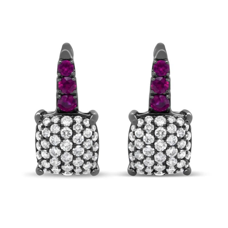 Black Rhodium Plated 18K White Gold 7/8 Cttw Round Diamond and Graduated Red Ruby Drop Earrings (F-G Color, VS1-VS2 Clarity) 18K black rhodium white gold drop earrings with round diamonds and red rubies