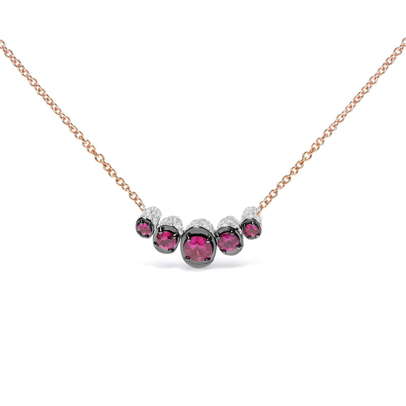 18K Rose Gold 3/4 Cttw Pave Diamonds and Graduated Red Ruby Gemstone Curved Bar Choker Necklace (G-H Color, SI1-SI2 Clarity) - Adjustable up to 14 18K rose gold choker necklace with pave diamonds and graduated ruby stones