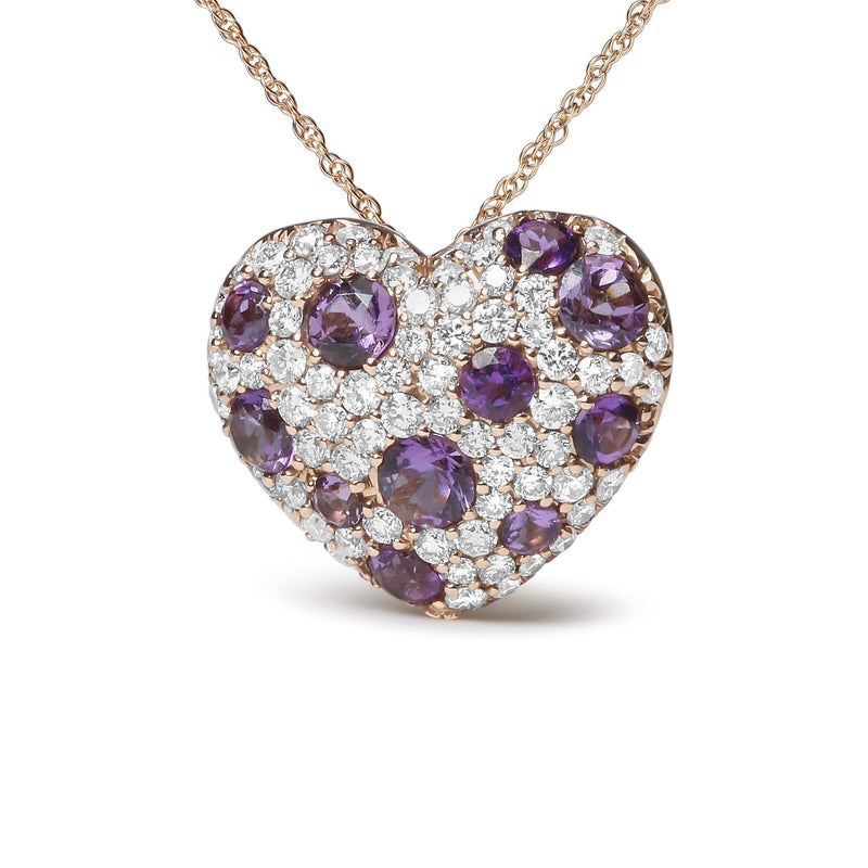 18K Rose Gold 3/4 Cttw Diamond and Purple Amethyst Cluster Heart Shape 18 18K rose gold necklace with heart-shaped diamond and amethyst cluster stones