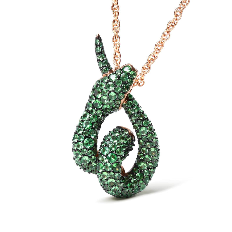 18K Rose Gold Round Green Tsavorite Gemstone Cluster Spiral Snake Design 18 18K rose gold snake pendant necklace with round green tsavorite cluster stones
