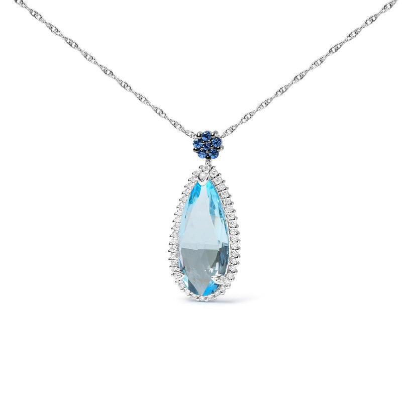 18K White Gold 3/8 Cttw Pave Set Diamond and Sky Blue Topaz and Blue Sapphire Gemstone Floral Teardrop Halo 18 18K white gold necklace with pave diamond, sky blue topaz, and sapphire stones