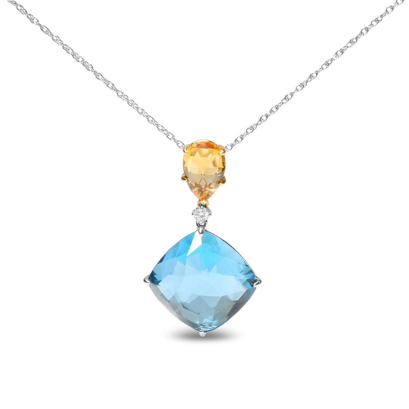 18K White and Yellow Gold Diamond Accent and Yellow Citrine and Sky Blue Topaz Gemstone Dangle Drop 18 18K yellow gold necklace with citrine, blue topaz, and diamond accent stones
