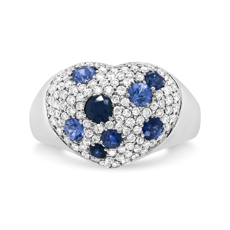 18K White Gold Blue Sapphire and 5/8 Cttw Diamond Cluster Heart Shaped Ring (F-G Color, VS1-VS2 Clarity) 18K white gold ring with heart cluster diamonds and blue sapphire center