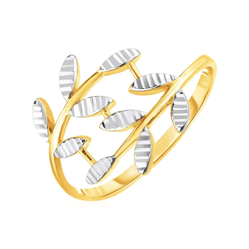 14k Two Tone Gold Crossover Ring with Textured Leaves 14k Two Tone Gold Crossover Ring with Textured Leaves
