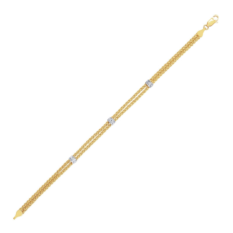 14k Two-Tone Gold Dual Wheat Chain Bracelet with Diamond Stations (.02 cttw) 14K two-tone gold dual wheat chain bracelet with diamond stations