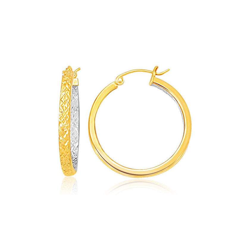 Two-Tone Yellow and White Gold Petite Patterned Hoop Earrings White gold two-tone patterned band ring with textured surface