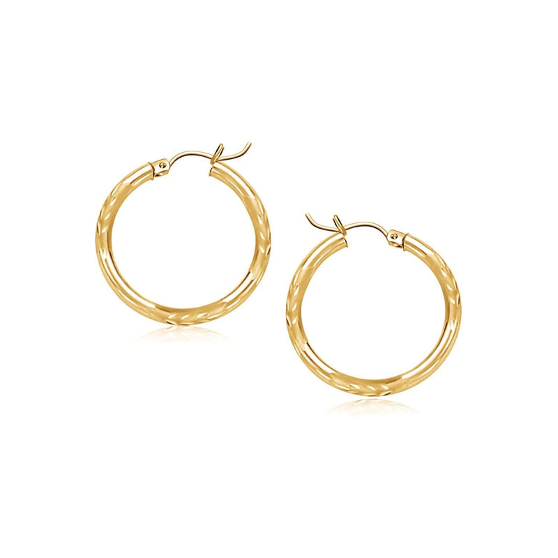 14k Yellow Gold Fancy Diamond Cut Slender Small Hoop Earrings (15mm Diameter) 14k Yellow Gold Fancy Diamond Cut Slender Small Hoop Earrings (15mm Diameter)