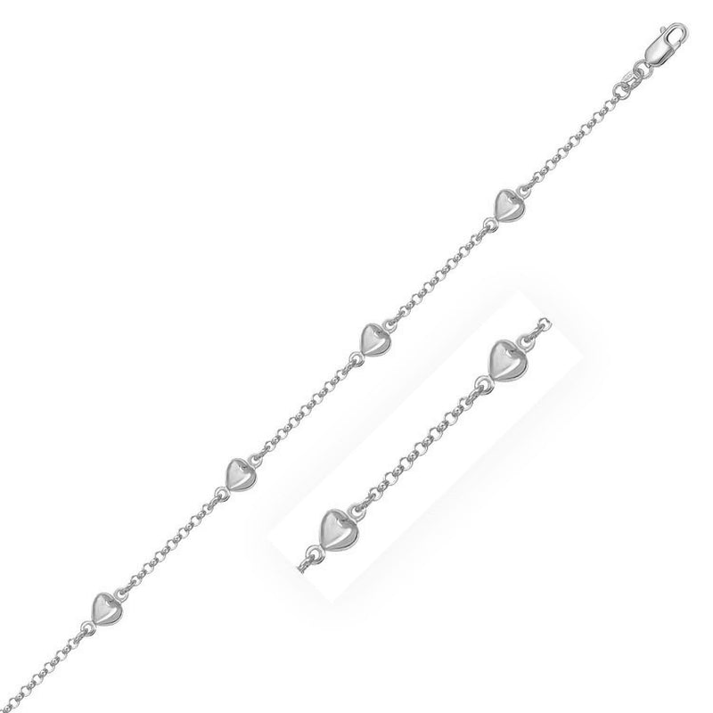 14k White Gold Rolo Chain Bracelet with Puffed Heart Stations 14k White Gold Rolo Chain Bracelet with Puffed Heart Stations