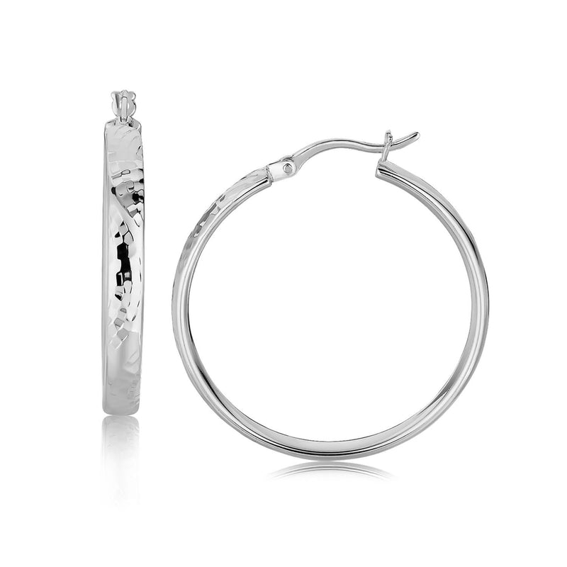 Sterling Silver Hammered Style Hoop Earrings with Rhodium Plating (30mm) Sterling Silver Hammered Style Hoop Earrings with Rhodium Plating (30mm)