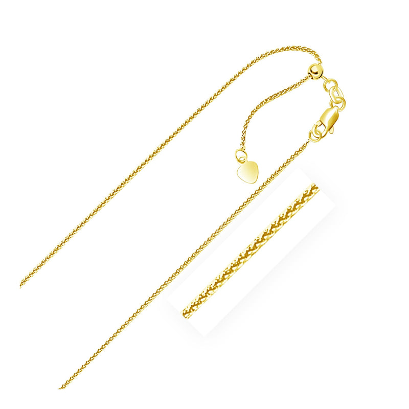 14k Yellow Gold Adjustable Wheat Chain 1.0mm 14K yellow gold wheat chain with fine 1.0mm braided link pattern