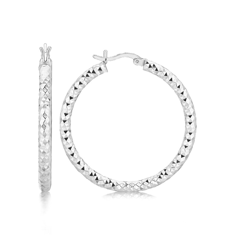 Sterling Silver Faceted Motif Large Hoop Earrings with Rhodium Plating Sterling Silver Faceted Motif Large Hoop Earrings with Rhodium Plating