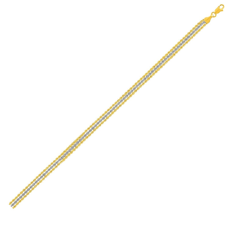 Triple Strand Rope Chain Bracelet in 10k Two Tone Gold 10K two-tone gold triple strand rope chain bracelet with lobster clasp